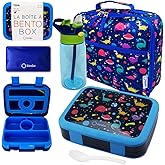 Bento Lunch Box with Bag, Water Bottle & Ice Pack Set for Kids Toddlers, 4 Portion Sections, Removable Tray, Pre-School Boy Toddler Daycare Lunches, Insulated Snack Container, Blue Space Dinosaur