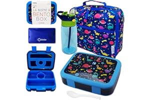 KINSHO Bento Lunch Box with Bag, Water Bottle & Ice Pack Set for Kids Toddlers, 4 Portion Sections, Removable Tray, Pre-School Boy Toddler Daycare Lunches, Insulated Snack Container, Blue Space Dinosaur