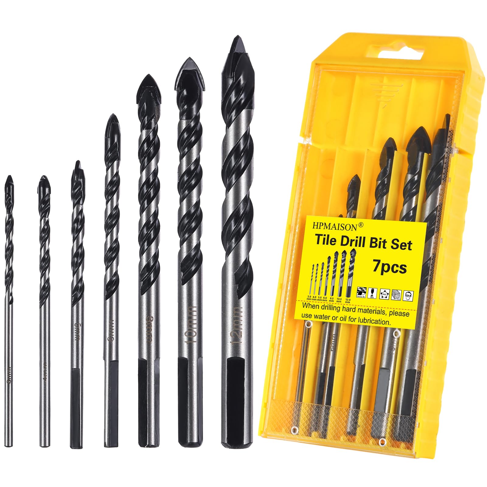 HPMAISON Tile Drill Bit, 7PCS Professional Tungsten Carbide Tip Drill Bit Set for Ceramic Tile, Porcelain, Brick, Glass, Cement, Plastic, Wood (3 4 5 6 8 10 12mm) — image 1