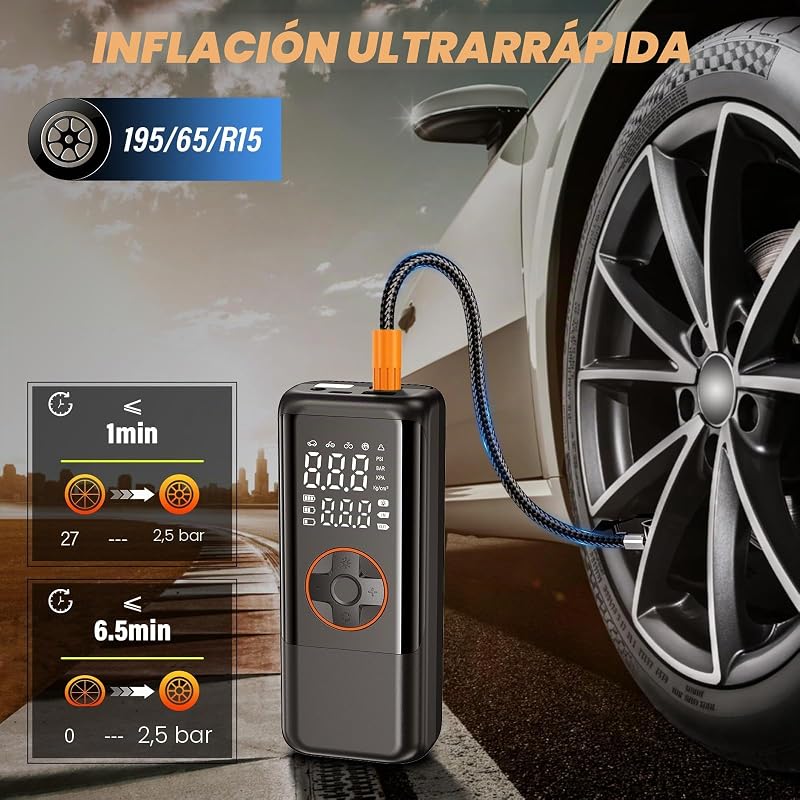 Compressor de Ar Portátil para Pneus Dupla Potência 150 PSI - Bomba de Ar Sem Fios e 12V com Bateria de 2000mAh×3, Ecrã Digital LCD e Desligamento Automático para SUV Motocicleta