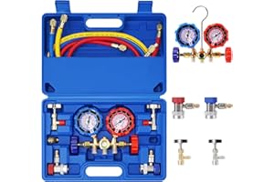 Langawaser AC Gauges, AC Manifold Gauge Set for R134a R12 R22 R502, 3 Way Automotive AC Gauge Set with Antishock Gauges Hoses Couplers Adapter, Puncturing Can Tap Freon Recharge Kit