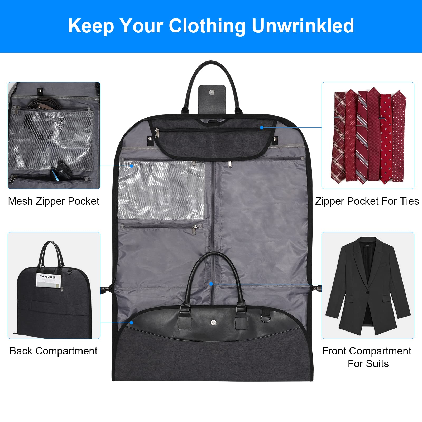 Modoker Carry On Garment Bags for Business Travel, Suit Bag with Shoulder Strap for Men Women - 2 in 1 Hanging Garment Bag Suit Carrier, Black
