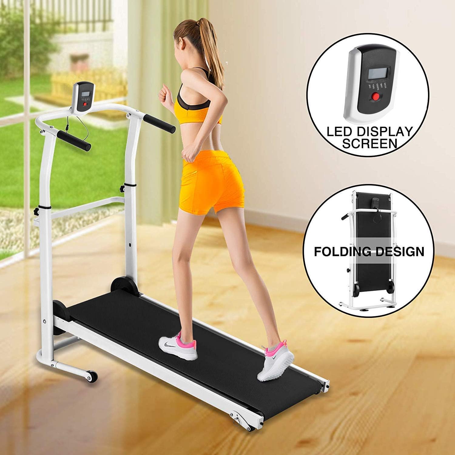 PALDIN Running Walking Machine, Manual Treadmill Folding Running Walking Machine Incline Cardio Fitness Running Exercise Adjustable Height LED Screen Folds Away Home Office Use