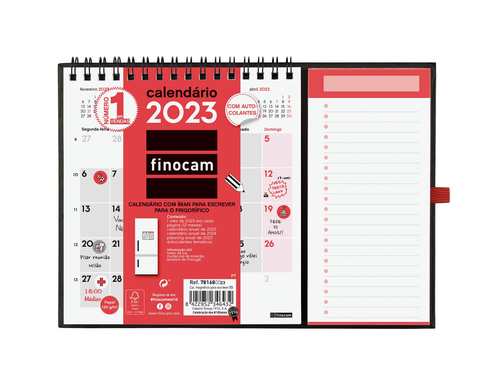 Finocam - 2023 Neutral Fridge Calendar with Magnet to Write January 2023 - December 2023 (12 Months) Portuguese
