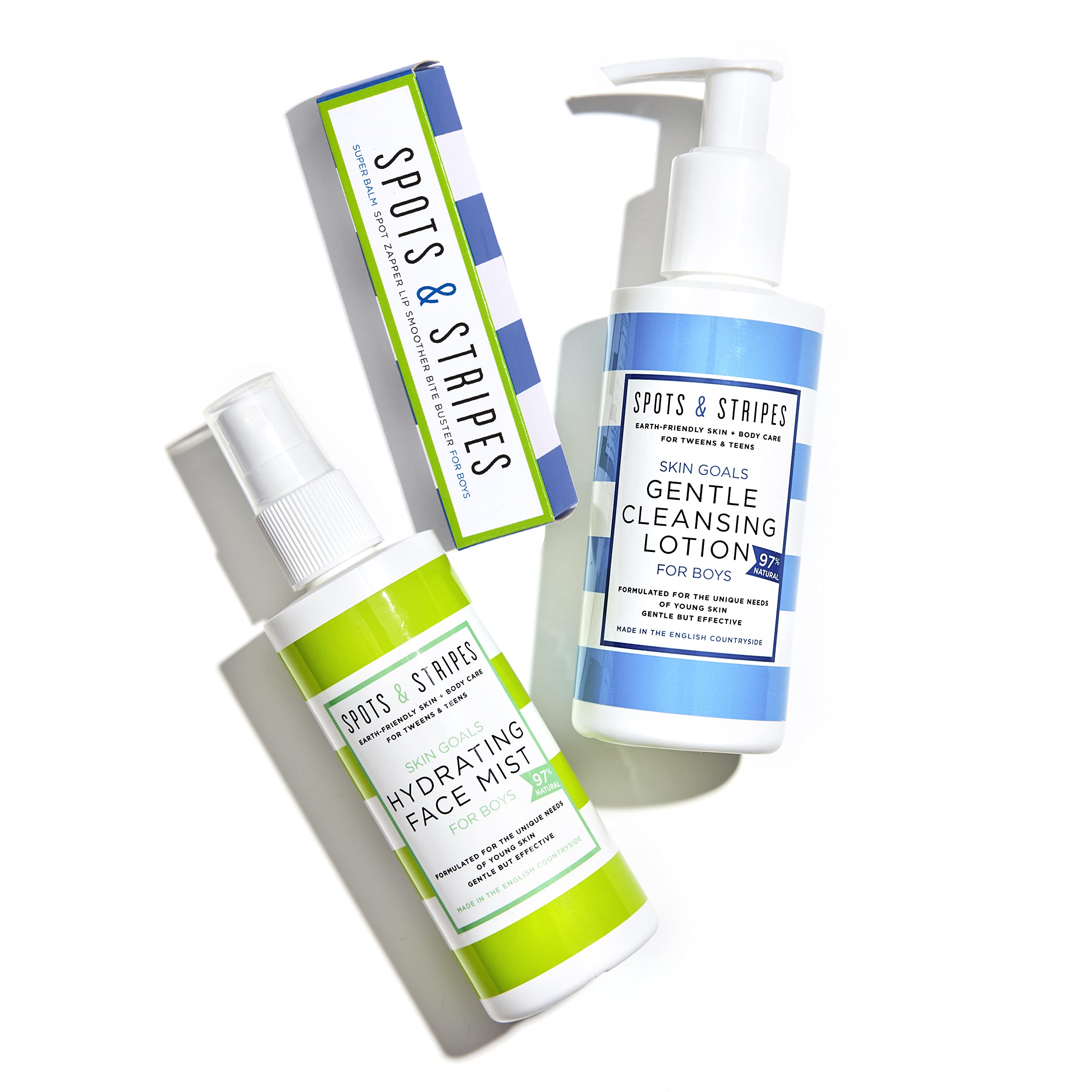 Spots & Stripes - Teen Skincare Essentials for Boys, Effective and Natural Essentials for Teen and Young Skin, with Virgin Coconut, Niaouli and Aloe Vera, Super Gentle