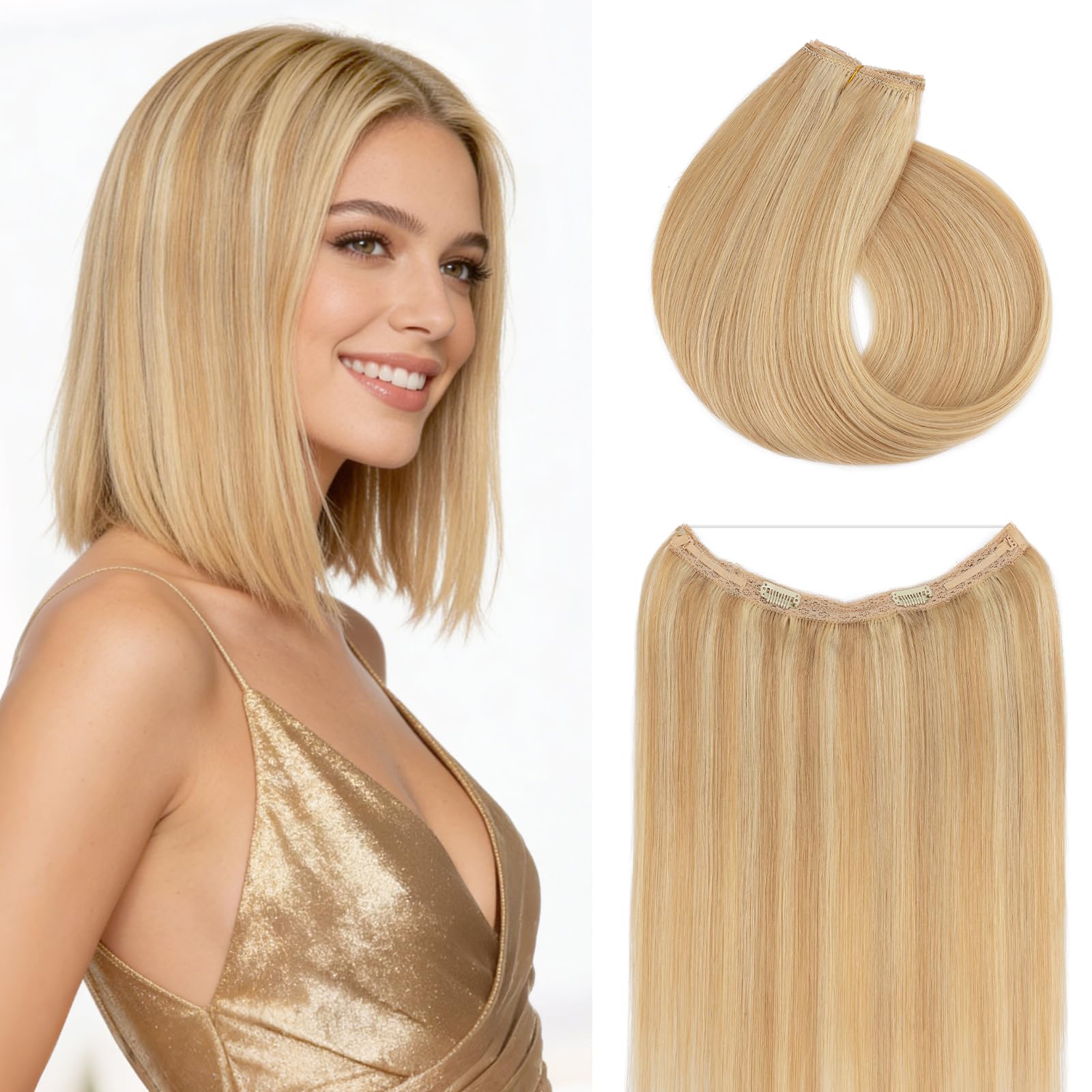 Photo 1 of Rich Choices Short Halo Hair Extensions Real Human Hair Remy Hairs Halo Extension for Women Invisible Wire Clip in Hairpiece for Short Hairs 12 Inch #18P613 Ash Blonde Highlight Bleach Blonde