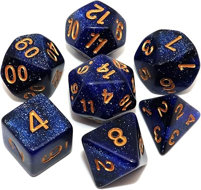 CREEBUY DND Dice Set Dark Blue Nebula 7Pcs Polyhedral with Dice Bag