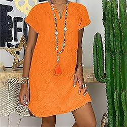 Women's Summer Cotton Linen Dress Loose V-Neck