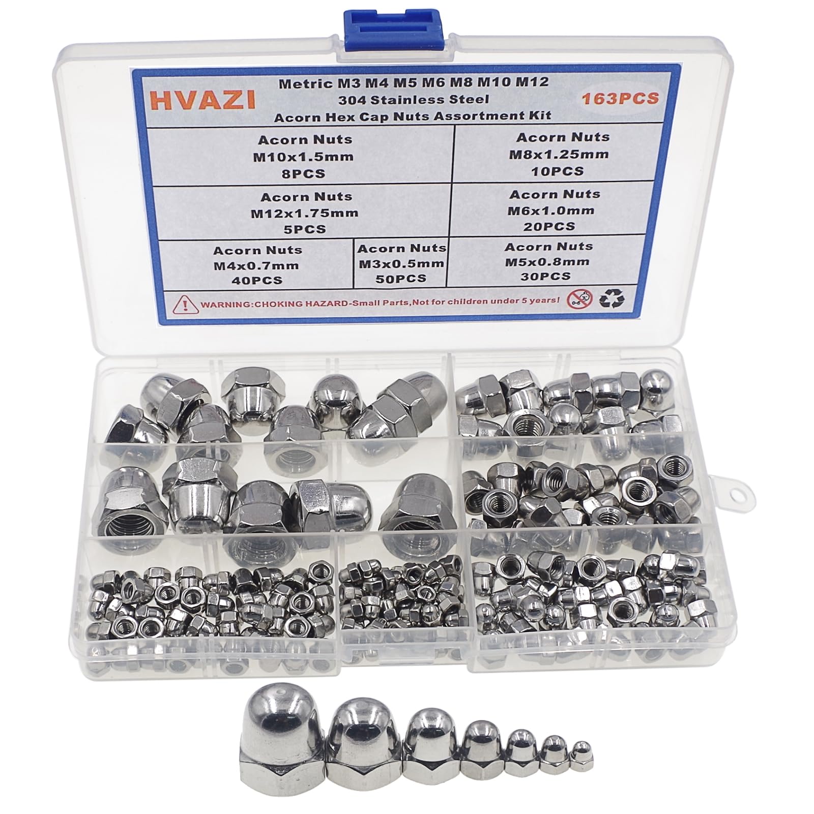 Photo 1 of HVAZI 7 Sizes M3 to M12 Acorn Hex Cap Nuts Assortment Kit;304 Stainless Steel Metric Cap Nuts-M3 M4 M5 M6 M8 M10 M12 for Screws Bolts
