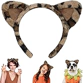 Beviliu Leopard Ears Cat Ears Headband Fluffy, Cheetah Print Cat Hairband for Women, Fuzzy Cheetah Ears Costume for Birthday Party Halloween Christmas Washing Makeup Cosplay