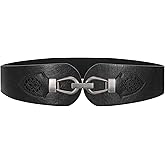 Womens Western Wide Waist Belt for Dress Vintage Stretchy Elastic Belt with Chunky Gold Buckle