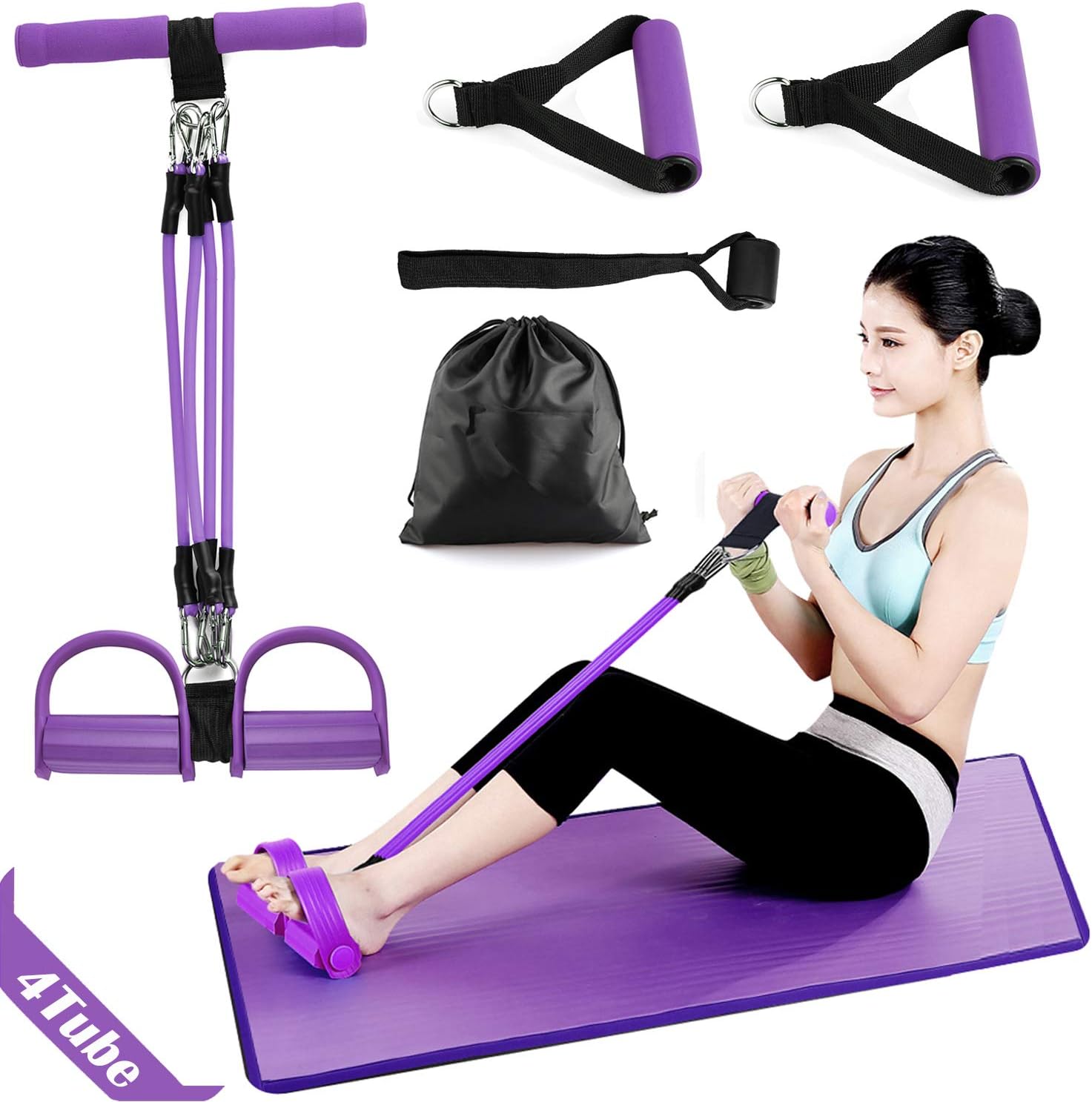 Oneyi Pedal Resistance Band - Fitness Elastic Pull Rope for Abdomen,Waist,Arm,Leg Stretching Training - 4-Tube Natural Latex Sit-up Equipment for Home Workouts