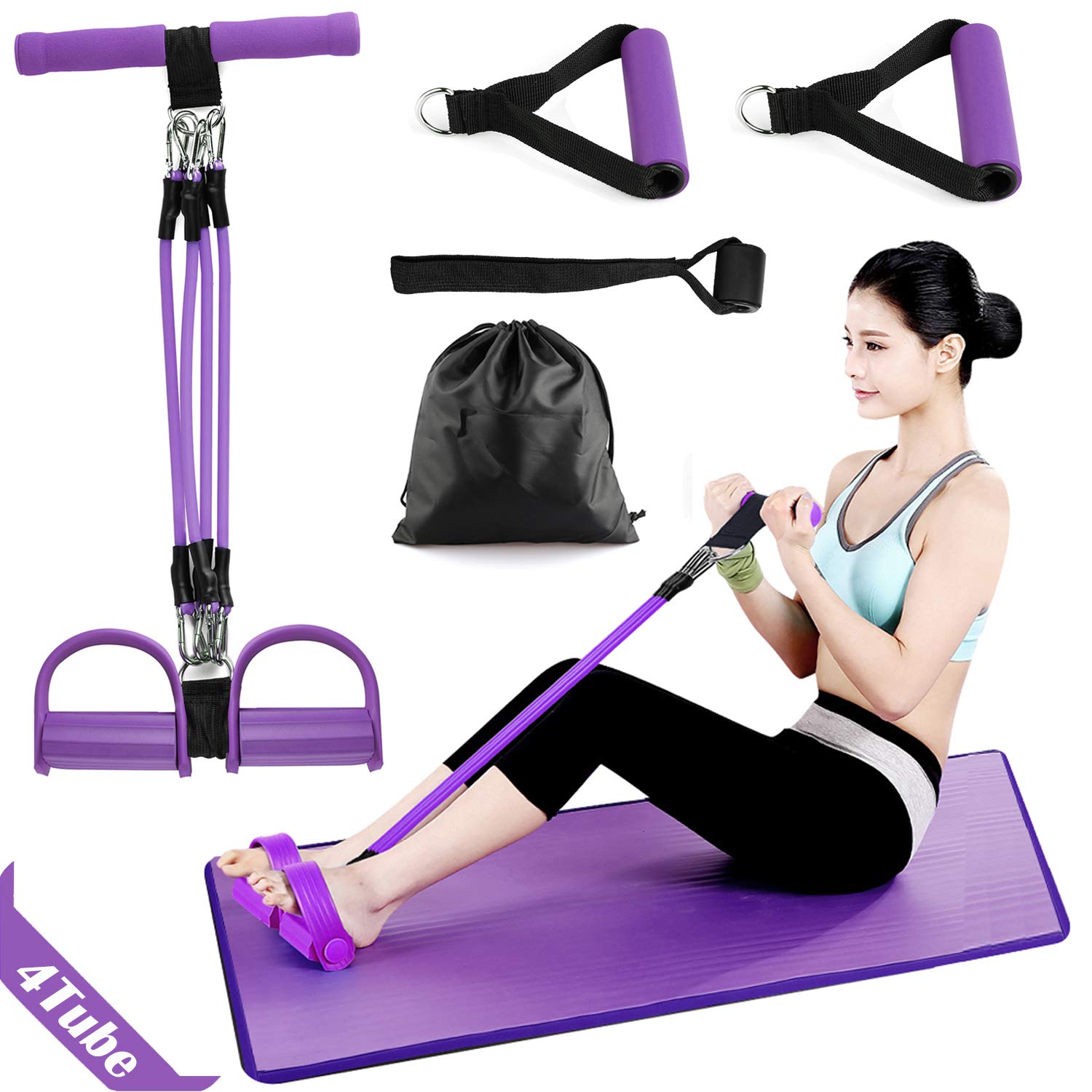 Oneyi Pedal Resistance Band - Fitness Elastic Pull Rope for Abdomen,Waist,Arm,Leg Stretching Training - 4-Tube Natural Latex Sit-up Equipment for Home Workouts