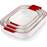 MALACASA Casserole Dishes for Oven, Ceramic Baking Dishes Set of 3, Rectangular Lasagna Pan Deep Baking Pans, Bakeware Sets with Handles Gift Set, White with Red Trim (13.8''/11.7''/9.4''), Series BAKE
