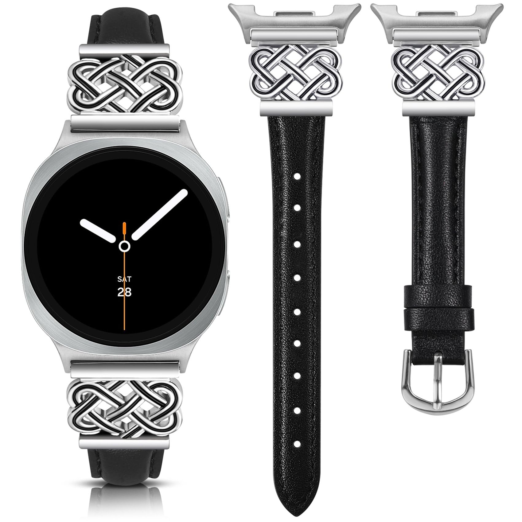 TOYOUTHS Celtic Knot Leather Band Compatible with Samsung Galaxy Watch 8 40mm 44mm/Watch 8 Classic 46mm Bands Women, No Gap One Click Slim Dressy Leather Strap with Interlock Buckle, Black/Silver