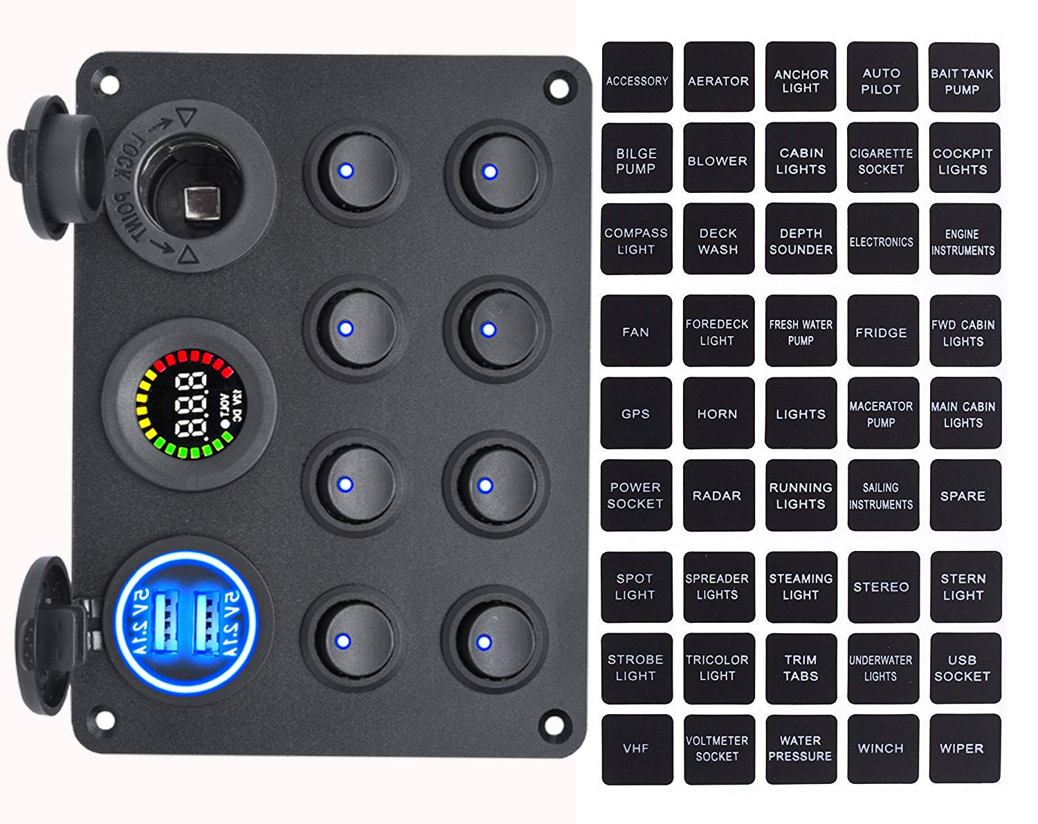 MKING Dual USB Charger Socket Multi-Functions Panel for -4.2A + 12V Power Outlet + LED Voltmeter + 8 Gang ON-Off Toggle Switch(Blue)