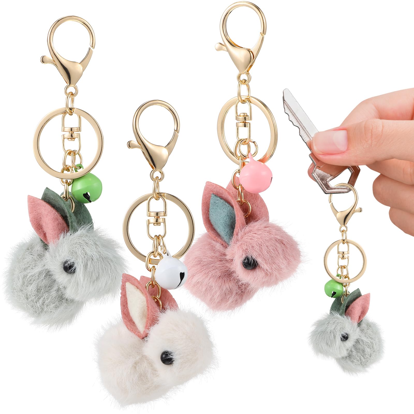 Amosfun 3Pcs Easter Rabbit Keychain Faux Bunny Pom Pom Bag Pendant Plush Rabbit Keyring Key Holder Car Hanging Ornament for Kids Girls Random Color