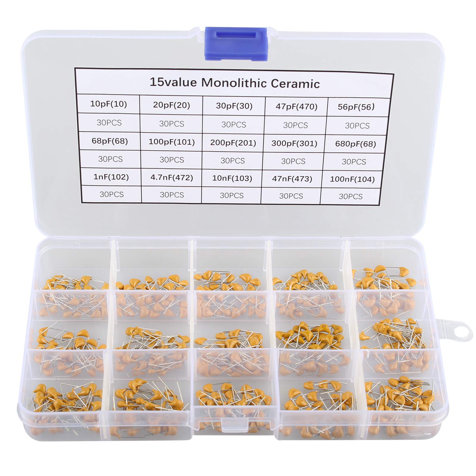 HALJIA 15Value 450pcs Ceramic Capacitor Monolithic Multilayer Ceramic Chip Capacitors Components Assortment Box Kit 10pF/20pF/30pF/47pF/56pF/68pF/100pF/200pF/300pF/680pF/1nF/4.7nF/10nF/47nF/100nF