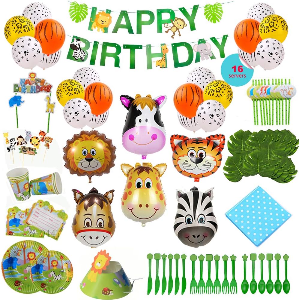 Animal-Themed Birthday Party Supply, 228 PCS - 16 Serves, Jungle Zoo Farm Safari Invites/Tableware/Favors/Balloons/More!