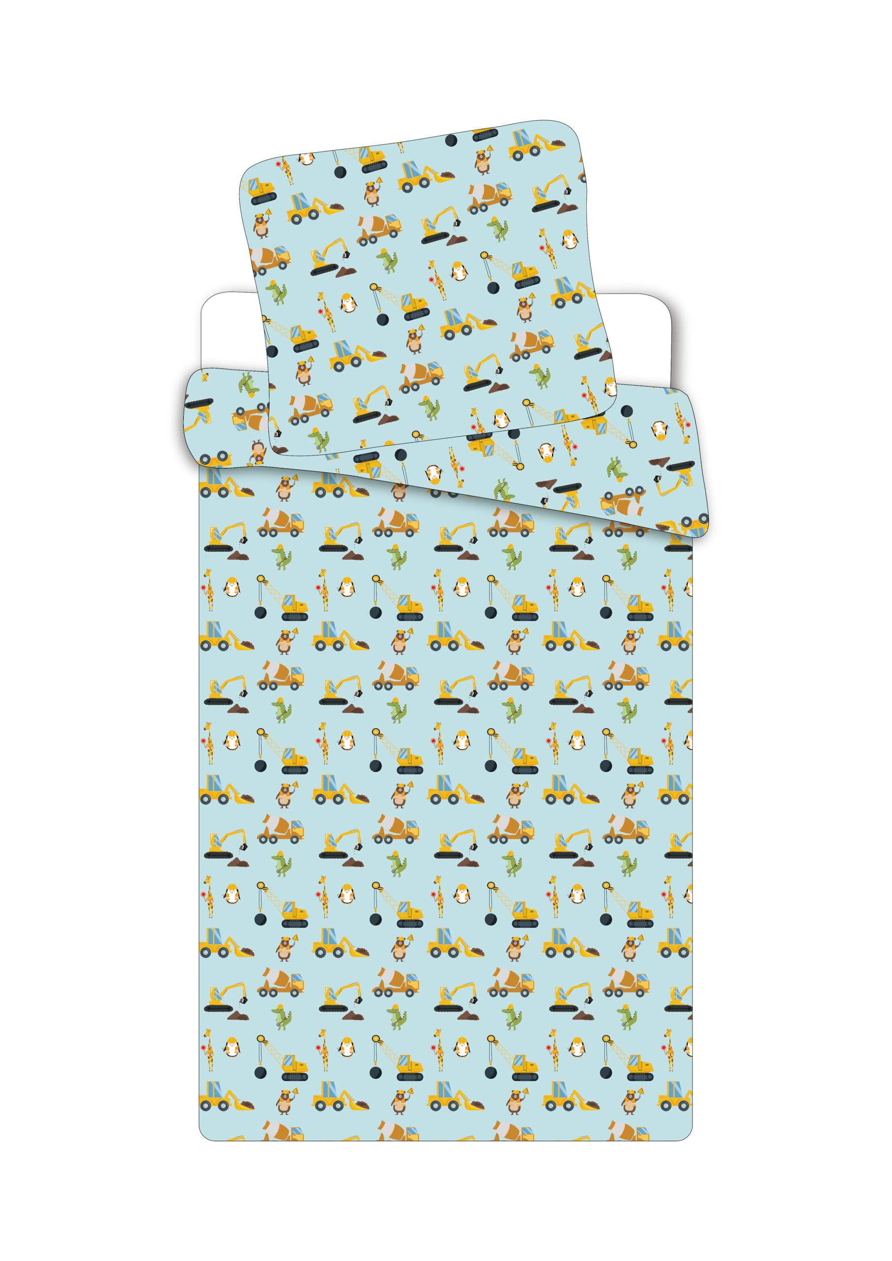 Brandmac Construction Bedding Set with Animals for Baby or Small Bed – Duvet Cover 100 x 135 cm + Pillowcase 40 x 60 cm, Truck, Crane, Tractopelle, Bulldozer, NB2326