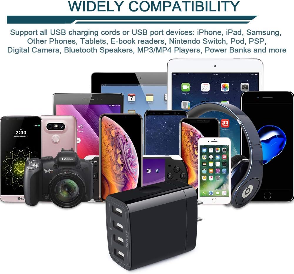 Wall Charger, USB Charger Adapter, Ailkin 4.8A 4Multi Port Fast Charging Station Power Base Block Plug Cube Brick for Phone 11Pro Max/XR/XS MAX/8/7 Plus, Samsung A10e/Note 10+/S10 Kindle Fire USB Plug: Home Audio & Theater