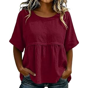 Cotton Shirts for Women Empire Waist Lightweight Blouses Crew Neck Peplum Tops Casual Short Sleeve T-Shirt
