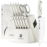 BRODARK Kitchen Knife Sets with Block and Built-in Sharpener - Ultra Sharp15 Pcs Full Tang Professional Chef Knife Set, High Carbon Super Steel Cutlery Set, Ivory Series with Gift Box for Men Women