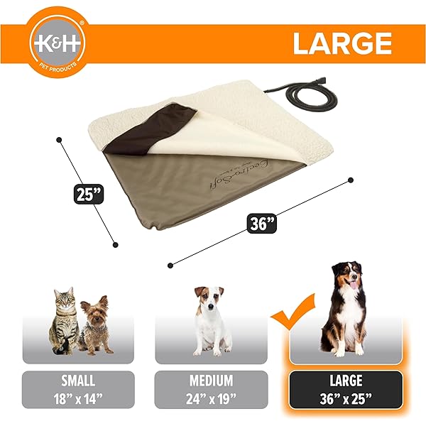 K&H PET PRODUCTS LECTRO-SOFT ORTHOPEDIC OUTDOOR HEATED DOG OR CAT BED FOR LARGE DOGS OR MULTIPLE CATS, SAFETY LISTED WARMING PAD, WATERPROOF, SOFT & FLEXIBLE, WASHABLE COVER – LARGE 36 X 25IN TAN 60W