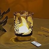 Eywamage Small Battery Operated Glass Table Lamp, Boho Green Ferns Mood Light with Remote, Cordless Bedside Accent Lamp Room Decor