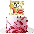 INNORU Gold Red Glitter Stepping into 50 Cake Topper - 50th Birthday Cake Decor - Like a Boss - Happy Birthday Party Cake Decorations