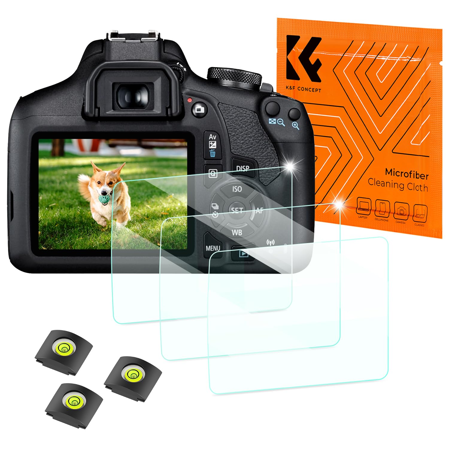 K&F CONCEPT EOS 2000D 1300D 1200D Screen Protector for Canon Rebel T7 T6 T5 Camera Accessories 3 Pack, 0.3mm 9H Hardness Tempered Glass Anti-Scrach Bubble-Free, with Hot Shoe Cover and Cleaning Cloth