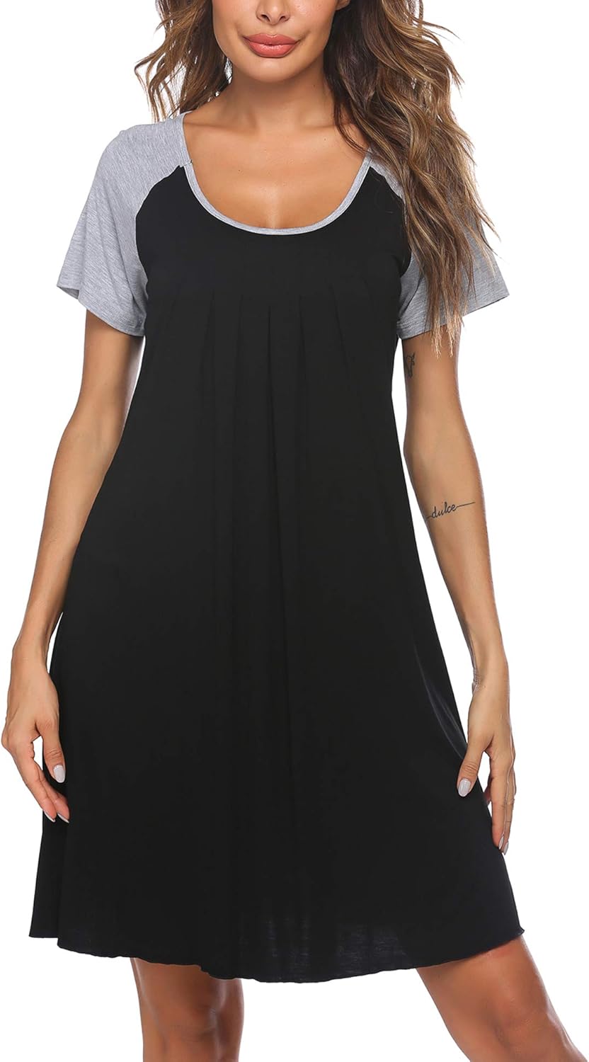 Ekouaer Women's Nightgown Short Sleeve Sleepwear Comfy Sleep Shirt Pleated Scoopneck Nightshirt S-XXL at  Women’s Clothing store