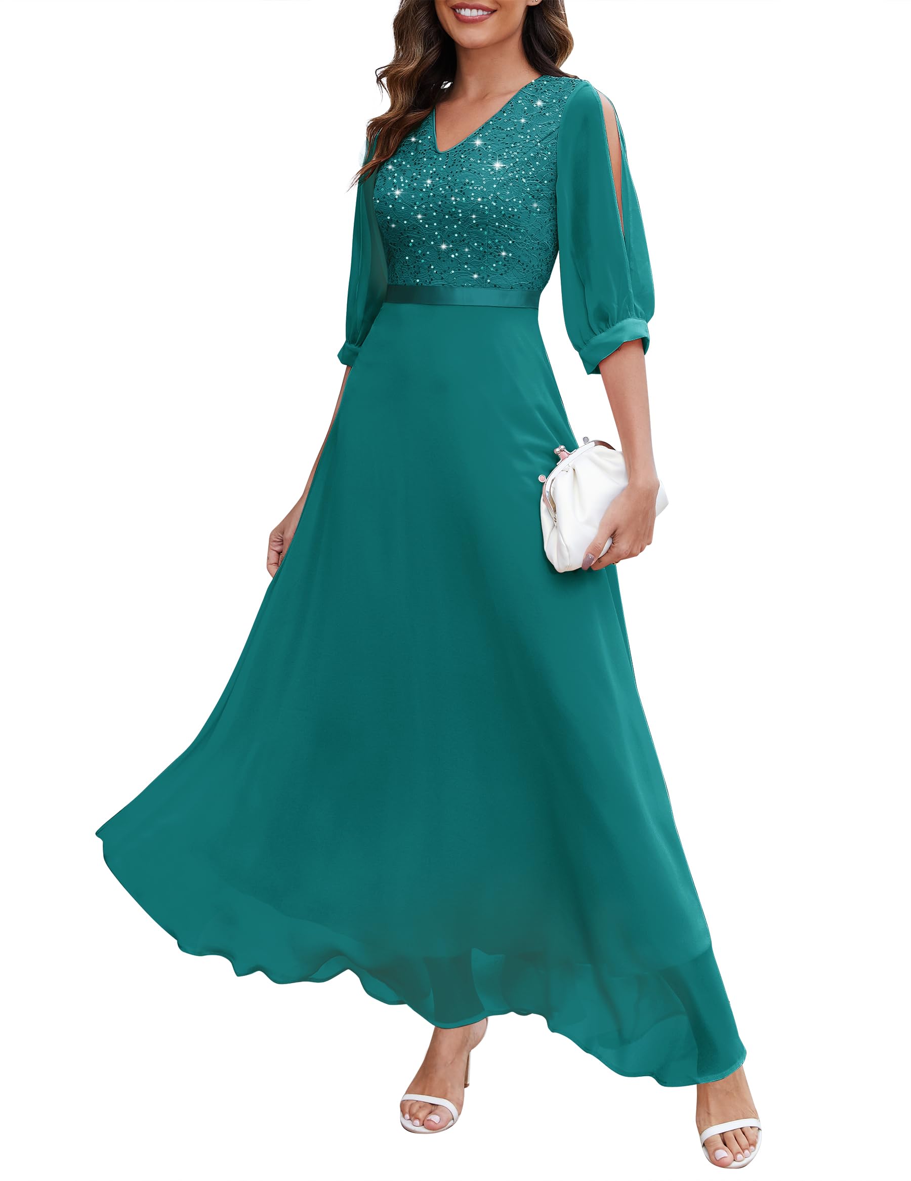 Photo 1 of Wedtrend Women's Sequin Bridesmaid Dress Glitter Wedding Guest Dress 3/4 Sleeve Evening Party Dress Formal Gowns and Evening Dress WT0317PeacockGreenM