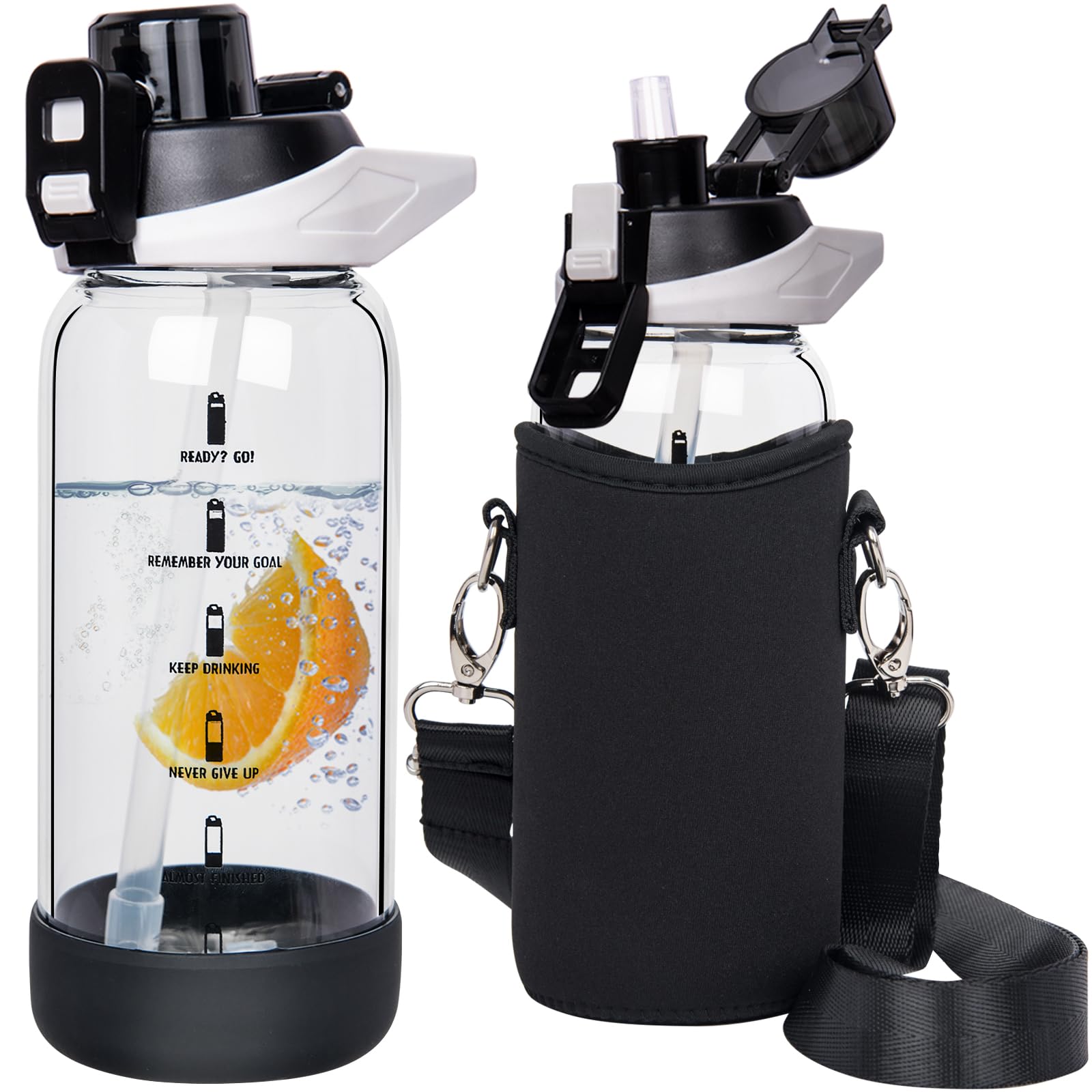 Seekua 600ml Glass Water Bottle with Straw & Time Markings BPA free Motivational Glass Drinking Bottle Leakproof