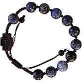 Sine Cera Sodalite Stone/Jujube Wood 1 Decade Catholic Rosary Bracelet with Double-sided Laser Engraved Centerpiece with Crucifix and Madonna with Child, Durable Adjustable Corded Design, Smooth Round 10mm Beads