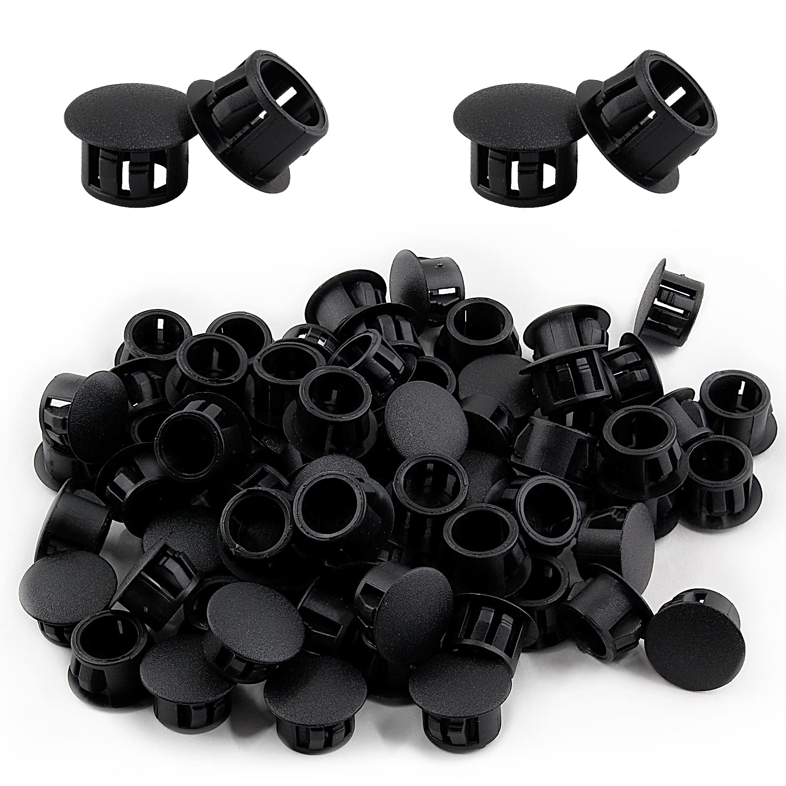 Cjueiom 60pcs 13mm / 1/2" Hole Plugs Black Plastic Hole Covers, Flush Type Drill Hole Cover Caps Snap in Locking Blanking Cap, Post Pipe Insert Screw Hole Cover for Kitchen Cupboard Cabinet Shelf