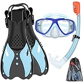 Youth Snorkel Set for Ages 7-16, Snorkeling Gear for Kids with Panoramic View Mask Anti-Fog Anti-Leak Full Dry Top Snorkel Fins Travel Bag for Swimming Diving