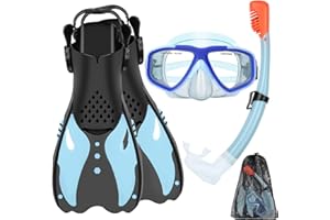 KUYOU Youth Snorkel Set for Ages 7-16, Snorkeling Gear for Kids with Panoramic View Mask Anti-Fog Anti-Leak Full Dry Top Snorkel Fins Travel Bag for Swimming Diving