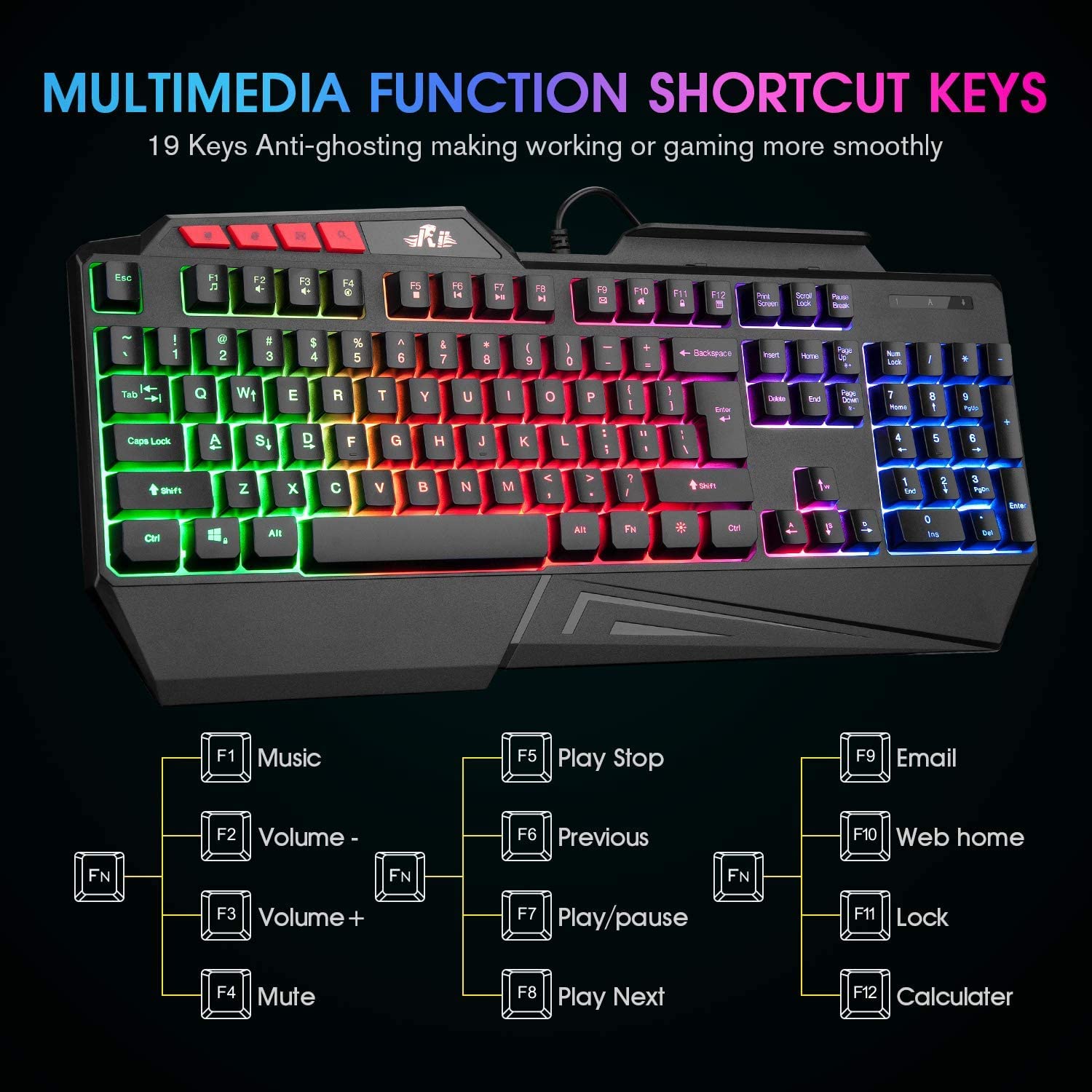 Rii RK202 RGB Gaming Keyboard Multiple Color Rainbow LED Backlit USB Wired Gaming Keyboard with Wrist Rest for Windows & Mac PC Gamers (Black)