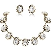 BriLove Victorian Style Statement Necklace Pierced Earrings Jewelry Set for Women Crystal Floral Cameo Inspired Oval Jewellery for Party Prom