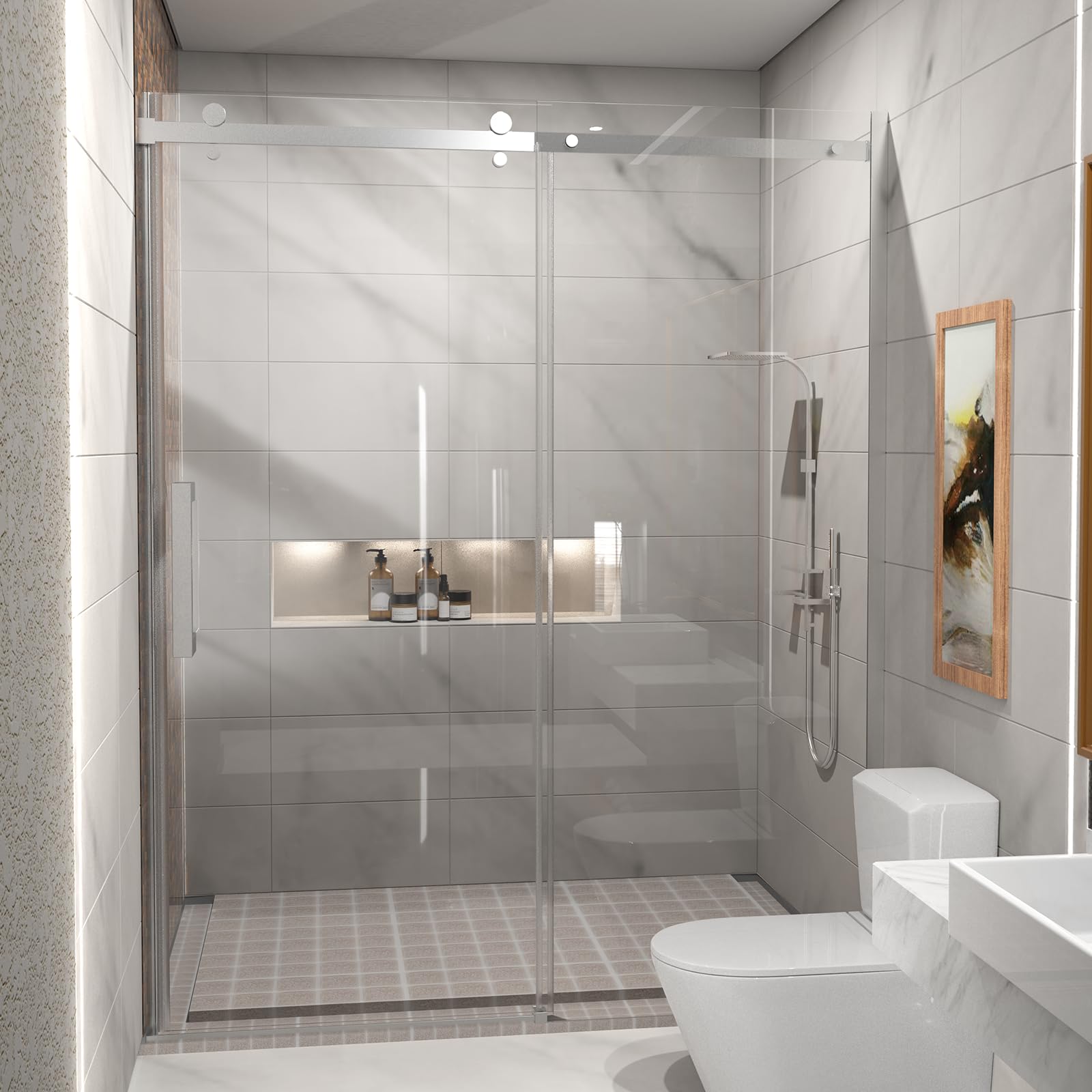 Photo 1 of **FOR PARTS ONLY MISSING ALOT OF ASSEMBLY PIECES** Frameless Shower Door, 5/16" (8mm) Clear Tempered Glass Shower Door, 56-60" W x 74" H, Quiet Soft-Close, Reversible Installation, SGCC Certified (Chrome-Singel Sliding Style A, 60" W x 74" H)