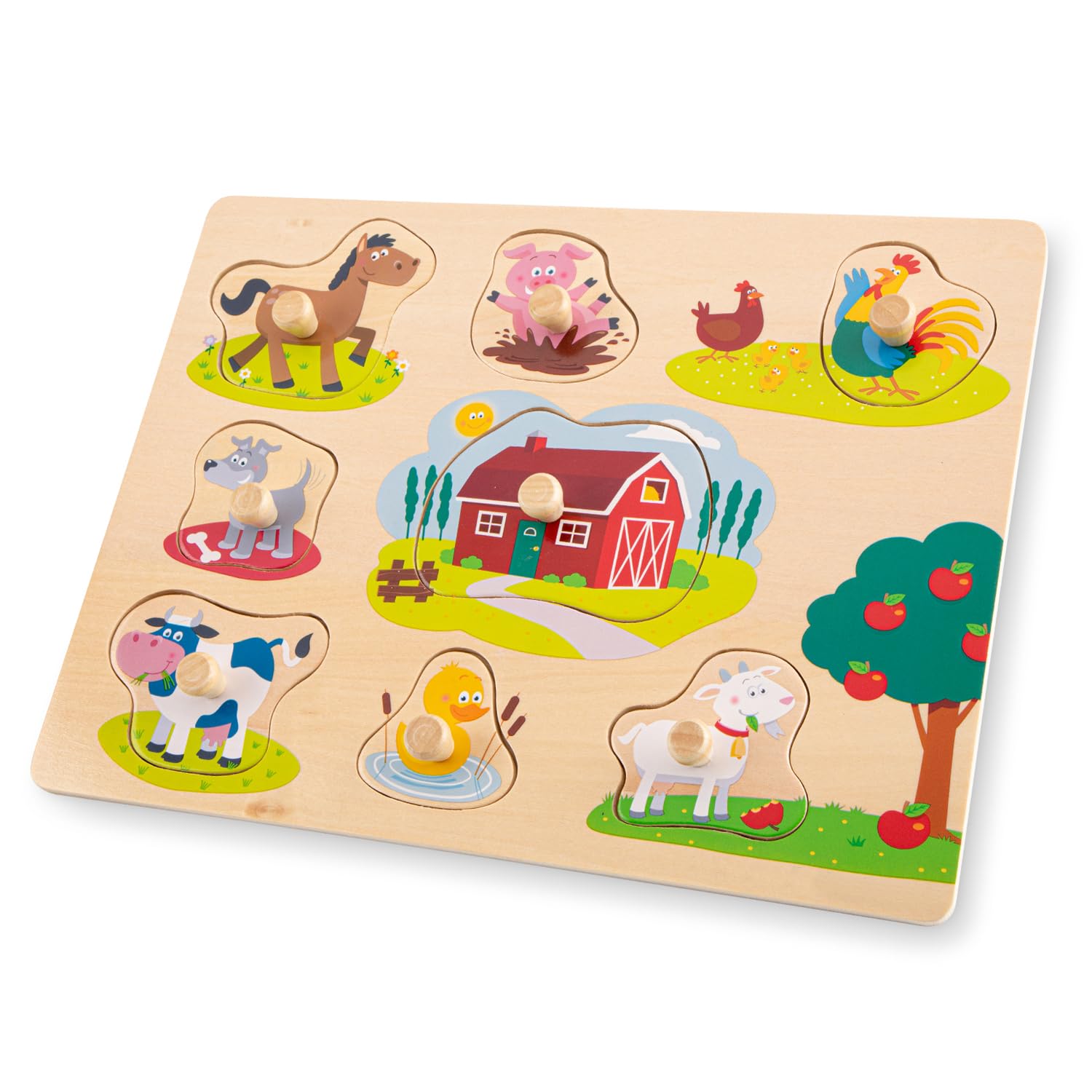 Woet® Wooden Toy Peg Puzzle Farm for Toddlers - 8 Pieces - Fine Motor Learning Toy - Age 2 Years+