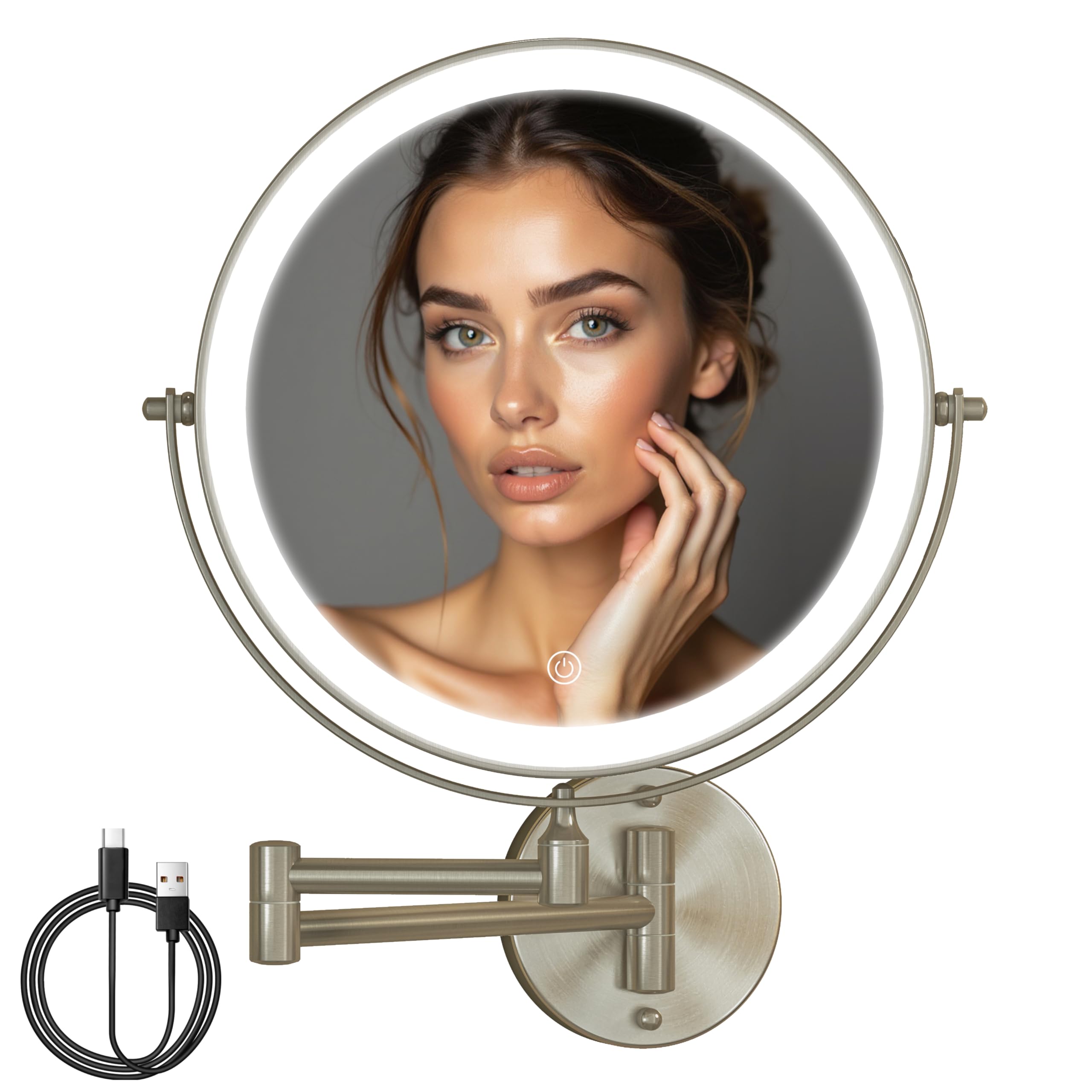 Photo 1 of Batuso 10" Wall Mounted Makeup Mirror with Light, 3000mAh Rechargeable Double Sided 1X / 10X Magnifying Vanity Mirror, 3 Color Lights Touch Dimmable 360° Rotation Bathroom Mirror, Nickel