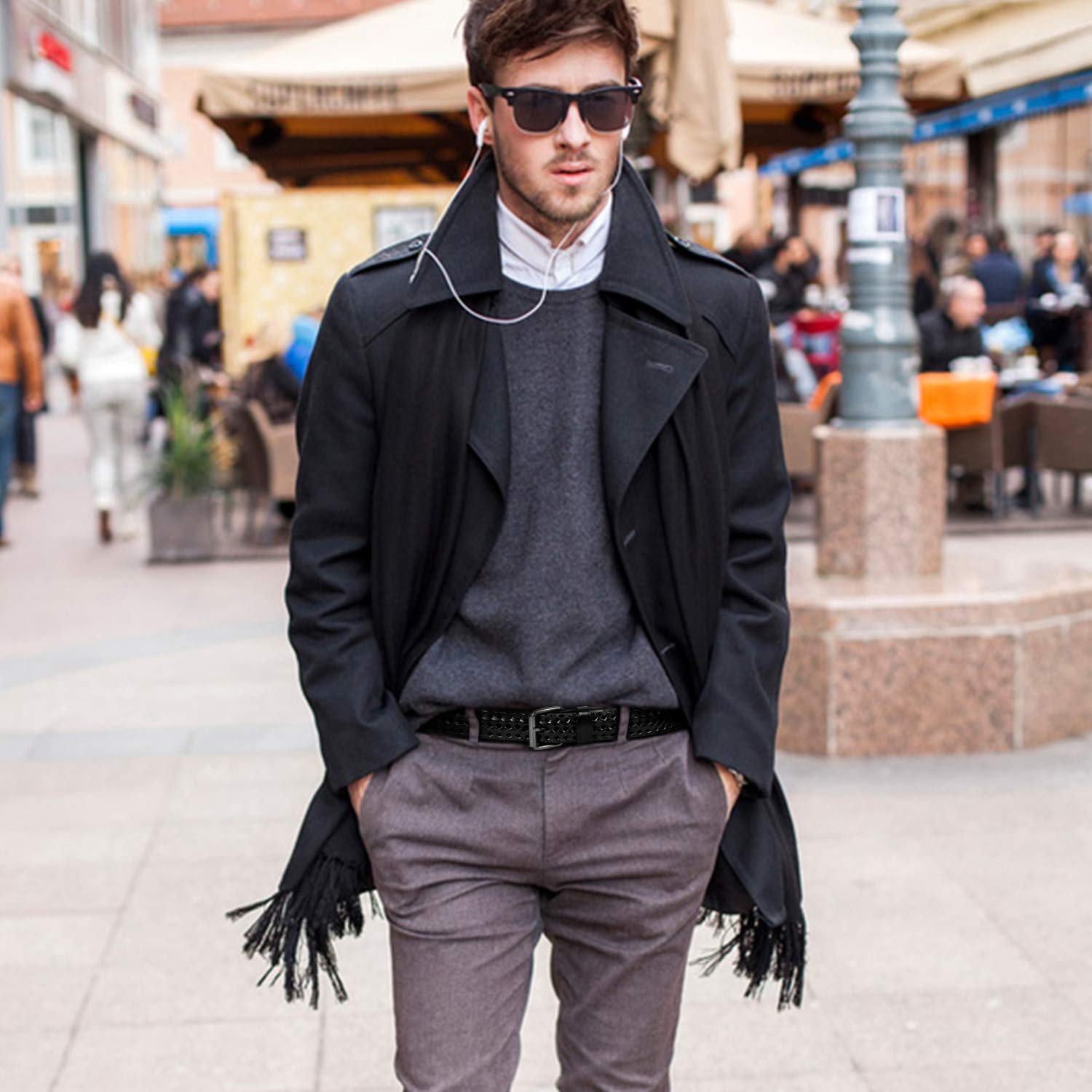 Men\'s Leather Braided Belt, JasGood Cowhide Leather Woven Belt for Jeans 1.3 Inch Wide with Prong Buckle,Fits Pants Size 33-38 Inches,1-Black