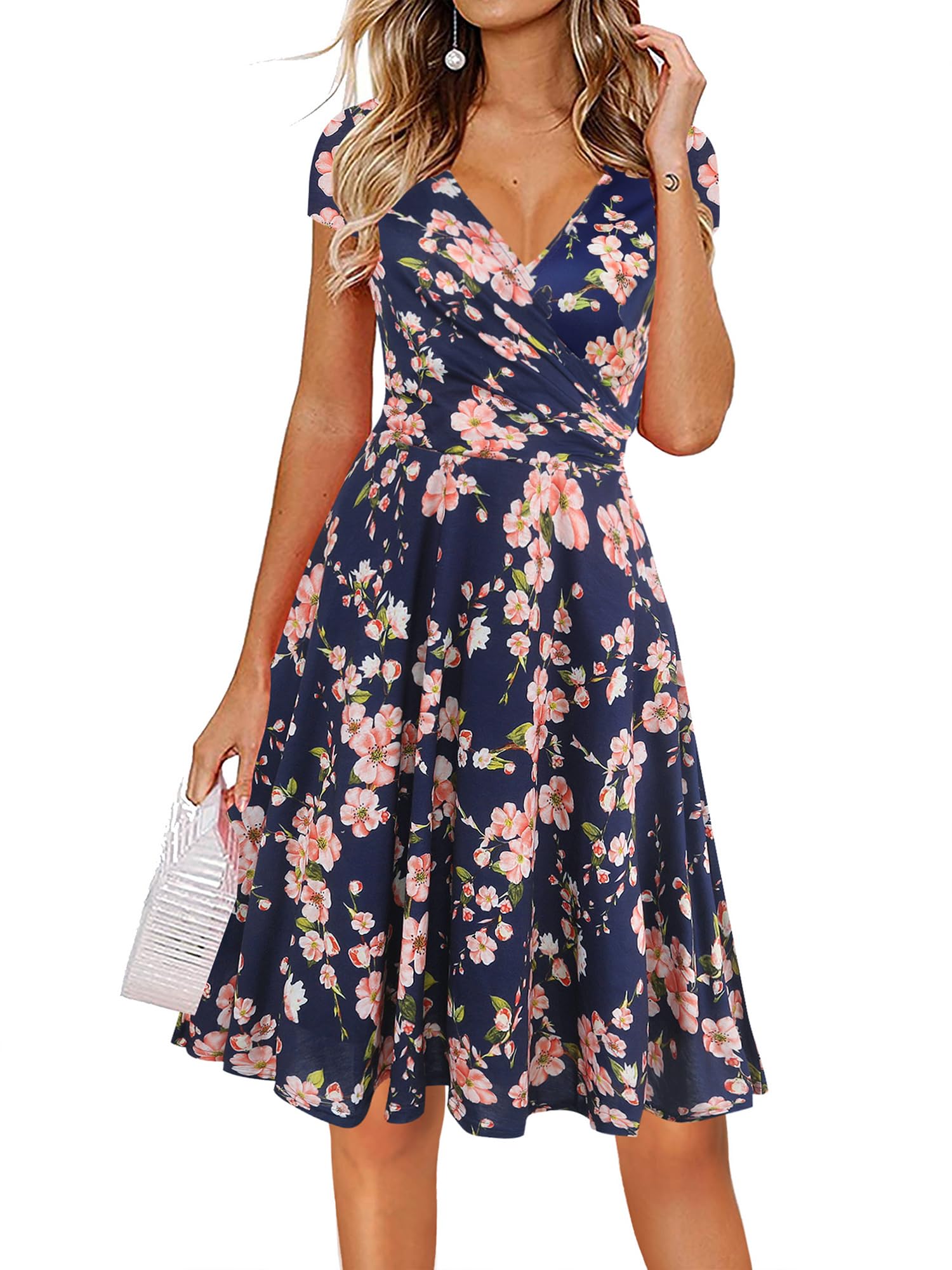 Photo 1 of oxiuly Women's V-Neck Cap Sleeve Floral Casual Work Stretchy Swing Dress OX233 (M, Navy Blue Floral)