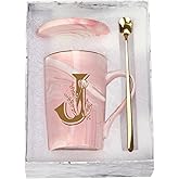WENSSY Pink J Personalized Initial Mugs with Flower, 14 Ounce Novelty Coffee Mug for Women, Bridal Shower Gifts, Dishwasher Safe Porcelain Mug