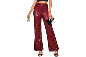 YHYJMY Womens High Waist Wide Leg Sparkle Sequin Bling Glitter Elastic Loose Flare Bell Bottom Shiny Pants
