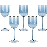 PLASTICPRO Blue Wine Cup with Gold rim Plastic Wine Glasses Set of 5 Elegant Wine Goblets Hard Plastic Wine Cups on Stem 12 Ounce