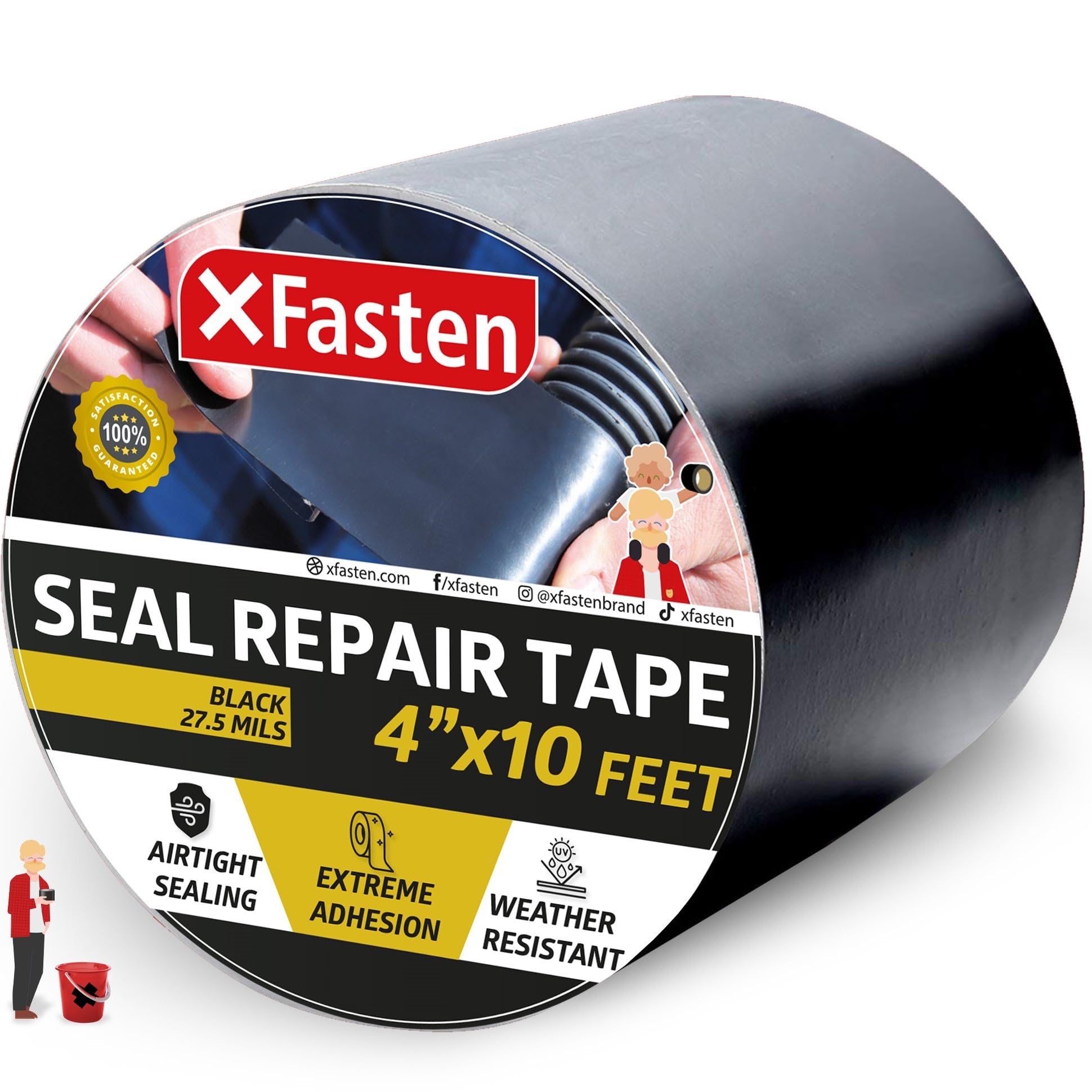Photo 1 of XFasten Waterproof Patch and Seal Tape, Black, 4-Inch by 10-Foot Roof and Gutter Rubber Repair Tape for Stop Leak Repair on Gutter, Roof, Boat, Pool Liner and HVAC – Waterproof and Puncture-Resistant