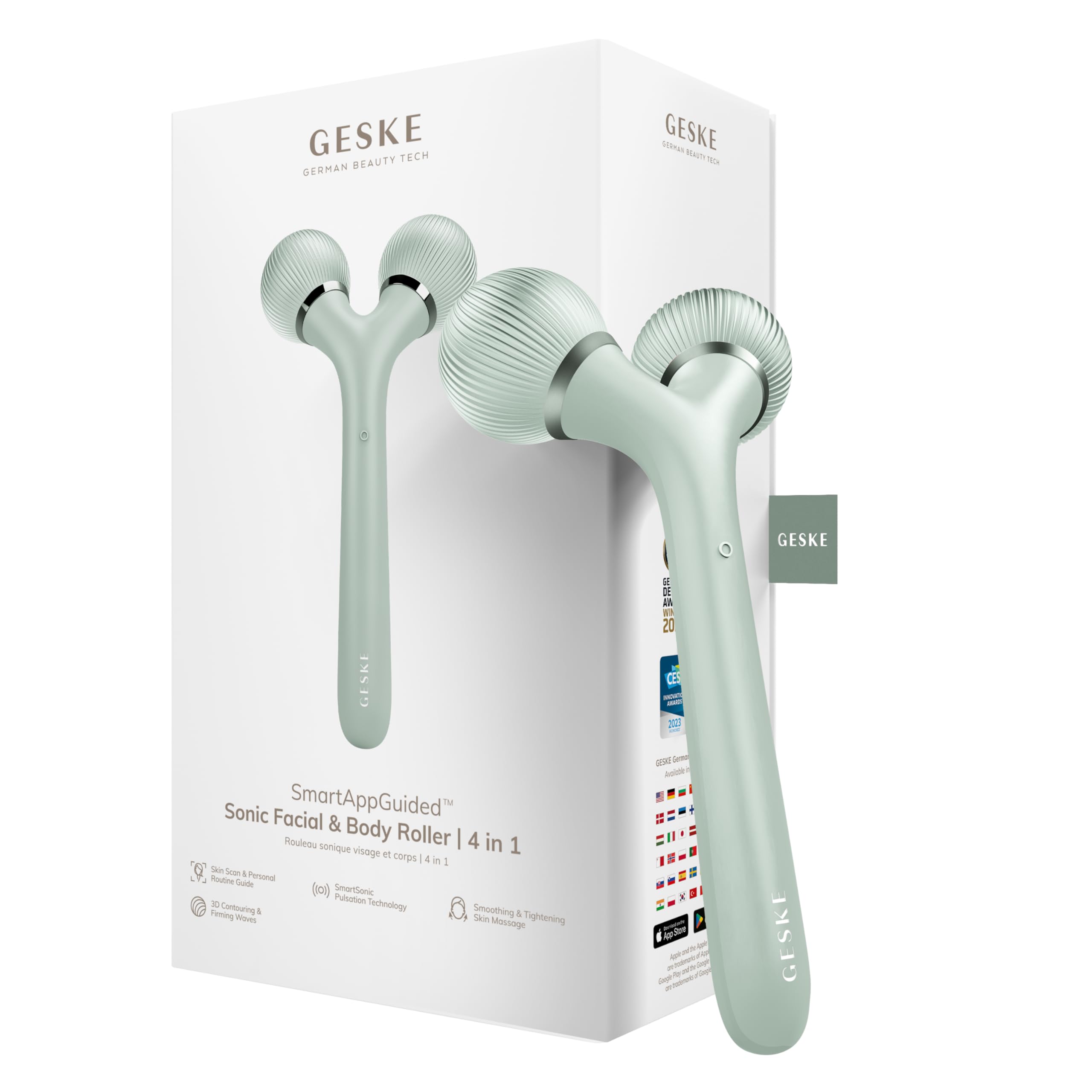 GESKE SmartAppGuided™ Sonic Facial & Body Roller | 4 in 1 | Derma Roller | Facial & Body | professional facial & body roller | for skincare and beauty routine